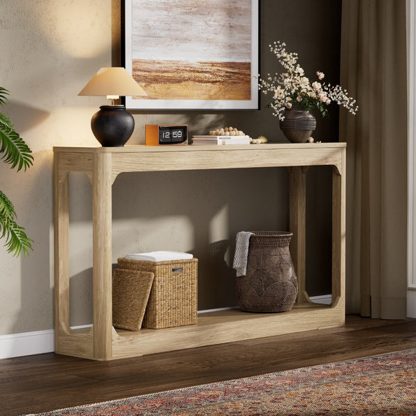 English Elm 55.1-inch Curved Leg Console Table Slim Matte Engineered Wood Entryway Sofa Accent Natural W1162P487833