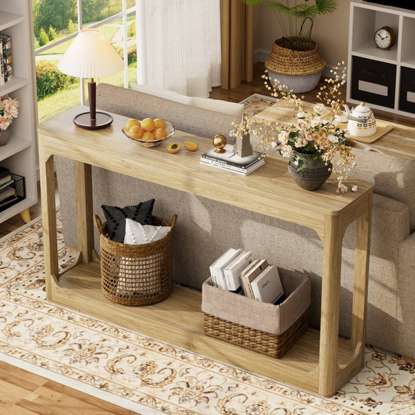 English Elm 55.1-inch Curved Leg Console Table Slim Matte Engineered Wood Entryway Sofa Accent Natural W1162P487833
