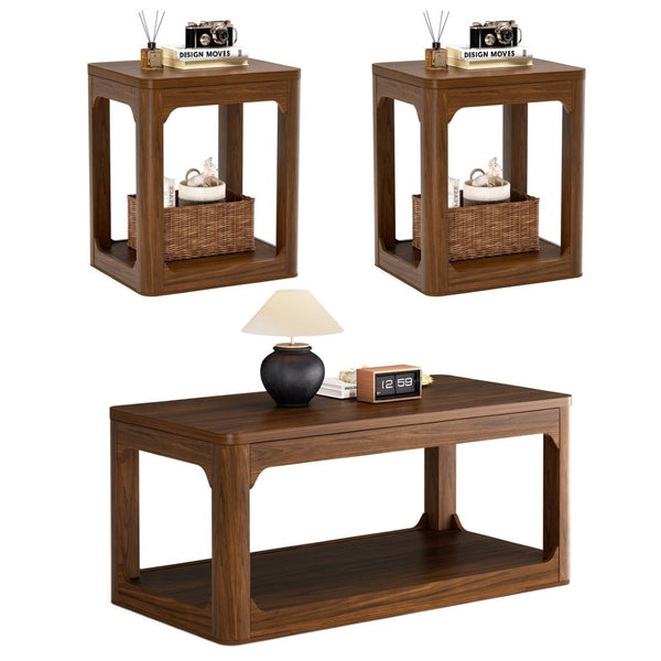 English Elm 3-piece Two-tier Shelving Coffee and Side Table Set for Modern Living Spaces Walnut W1162P491980