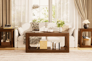 English Elm 3-piece Two-tier Shelving Coffee and Side Table Set for Modern Living Spaces Walnut W1162P491980