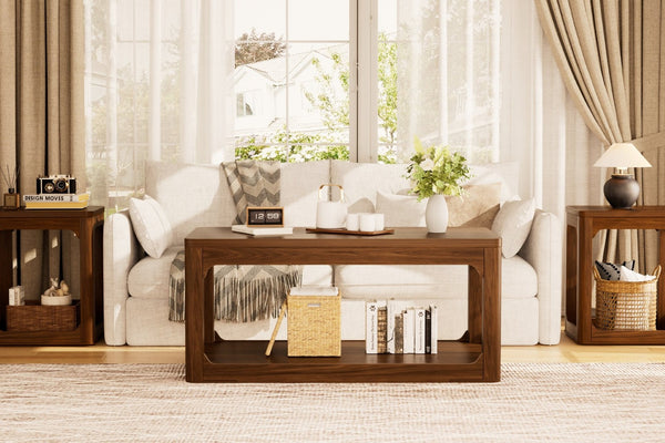 English Elm 3-piece Two-tier Shelving Coffee and Side Table Set for Modern Living Spaces Walnut W1162P491980
