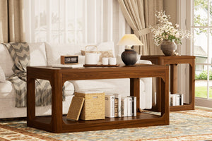 English Elm 3-piece Two-tier Shelving Coffee and Side Table Set for Modern Living Spaces Walnut W1162P491980
