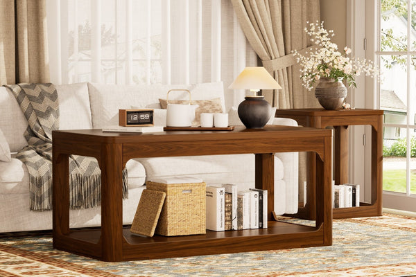 English Elm 3-piece Two-tier Shelving Coffee and Side Table Set for Modern Living Spaces Walnut W1162P491980
