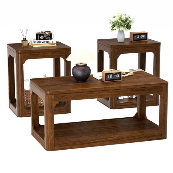 English Elm 3-piece Two-tier Shelving Coffee and Side Table Set for Modern Living Spaces Walnut W1162P491980