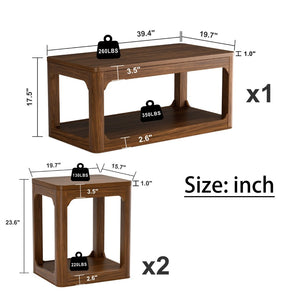 English Elm 3-piece Two-tier Shelving Coffee and Side Table Set for Modern Living Spaces Walnut W1162P491980