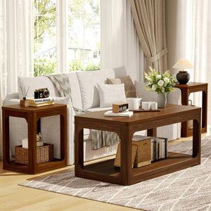 English Elm 3-piece Two-tier Shelving Coffee and Side Table Set for Modern Living Spaces Walnut W1162P491980