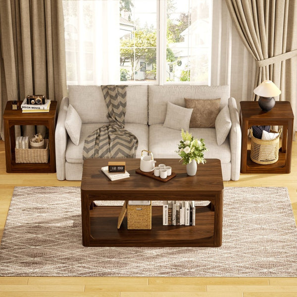 English Elm 3-piece Two-tier Shelving Coffee and Side Table Set for Modern Living Spaces Walnut W1162P491980