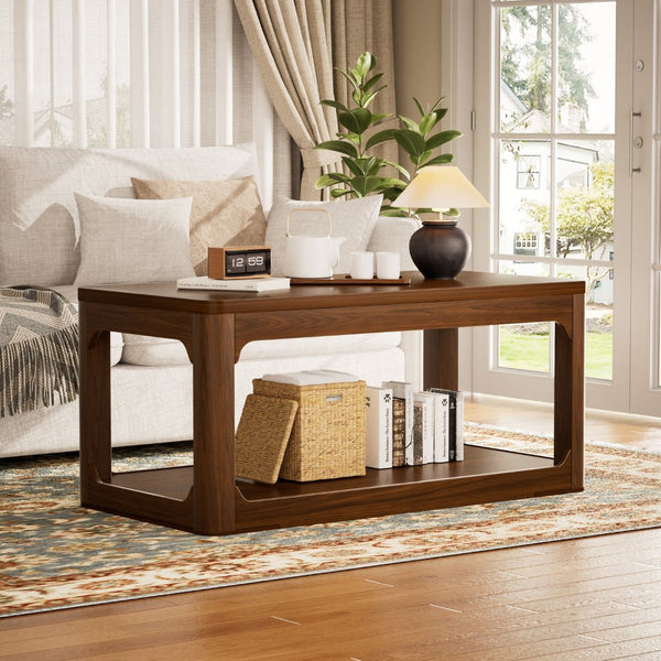 English Elm 3-piece Two-tier Shelving Coffee and Side Table Set for Modern Living Spaces Walnut W1162P491980