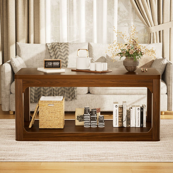 English Elm 3-piece Two-tier Shelving Coffee and Side Table Set for Modern Living Spaces Walnut W1162P491980