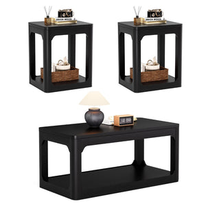 English Elm 3-piece Two-tier Shelving Coffee and Side Table Set for Modern Living Spaces Black W1162P491981
