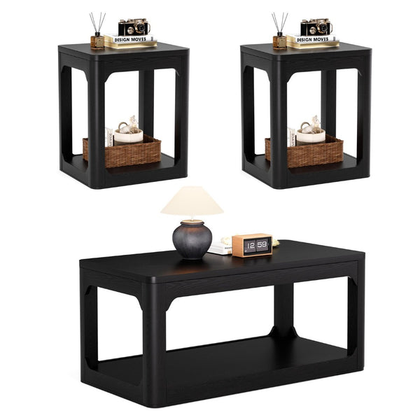 English Elm 3-piece Two-tier Shelving Coffee and Side Table Set for Modern Living Spaces Black W1162P491981