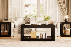 English Elm 3-piece Two-tier Shelving Coffee and Side Table Set for Modern Living Spaces Black W1162P491981