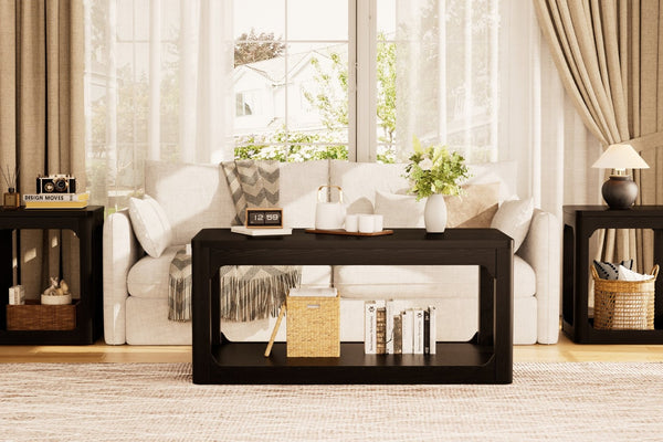 English Elm 3-piece Two-tier Shelving Coffee and Side Table Set for Modern Living Spaces Black W1162P491981