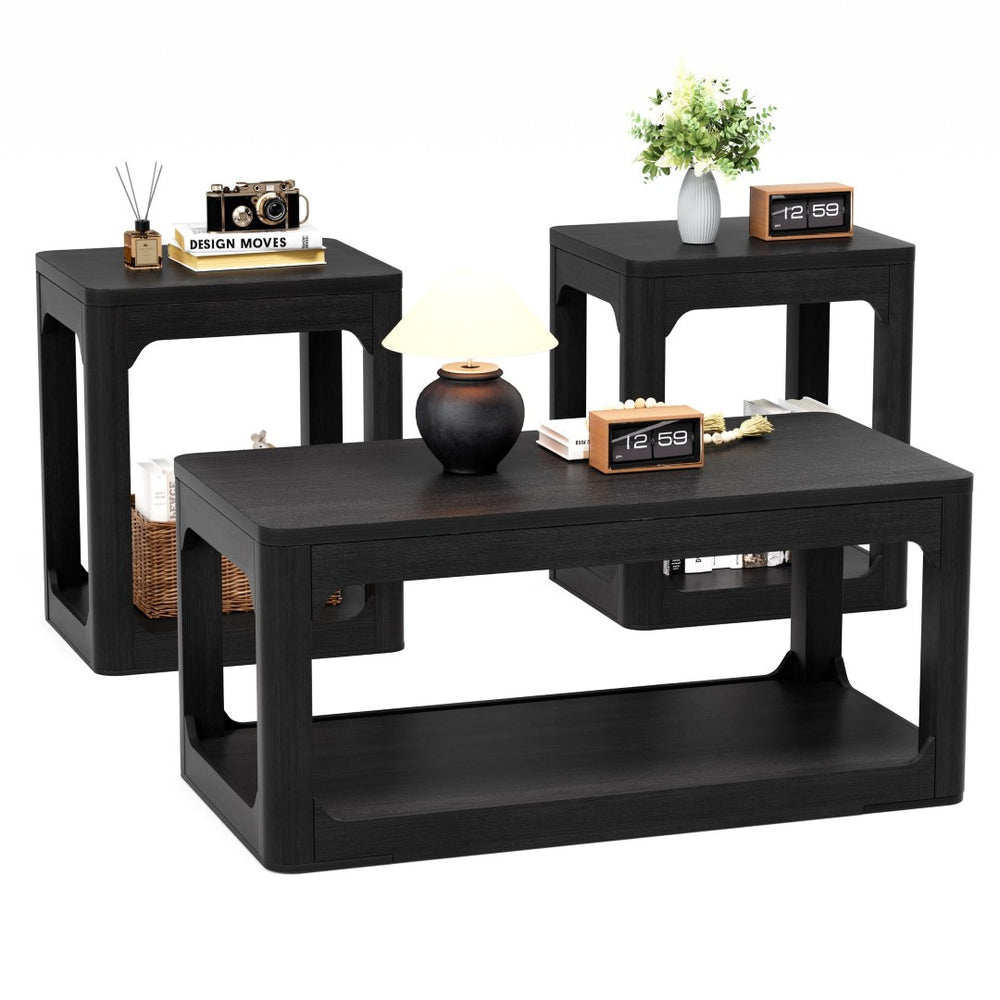 English Elm 3-piece Two-tier Shelving Coffee and Side Table Set for Modern Living Spaces Black W1162P491981