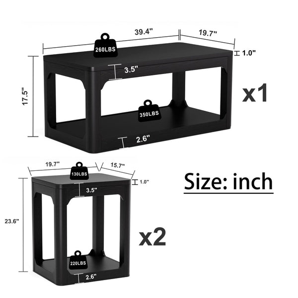 English Elm 3-piece Two-tier Shelving Coffee and Side Table Set for Modern Living Spaces Black W1162P491981