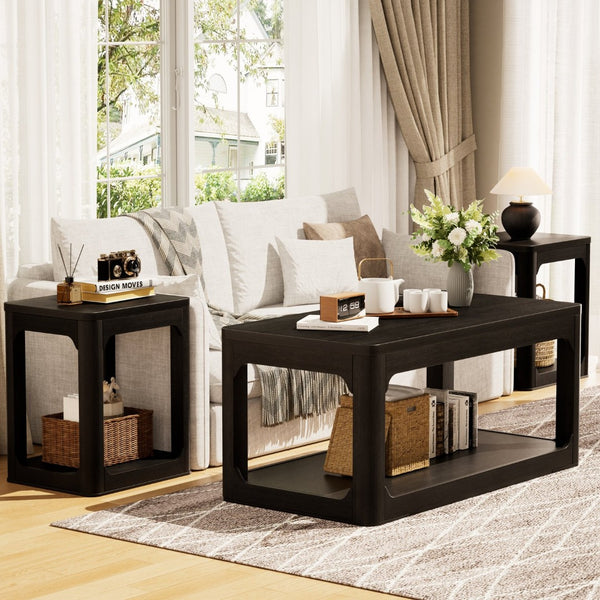 English Elm 3-piece Two-tier Shelving Coffee and Side Table Set for Modern Living Spaces Black W1162P491981