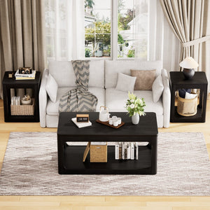 English Elm 3-piece Two-tier Shelving Coffee and Side Table Set for Modern Living Spaces Black W1162P491981