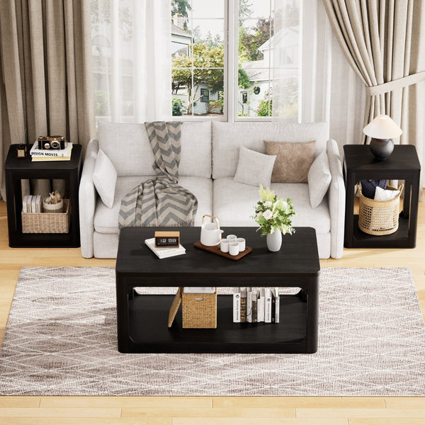 English Elm 3-piece Two-tier Shelving Coffee and Side Table Set for Modern Living Spaces Black W1162P491981