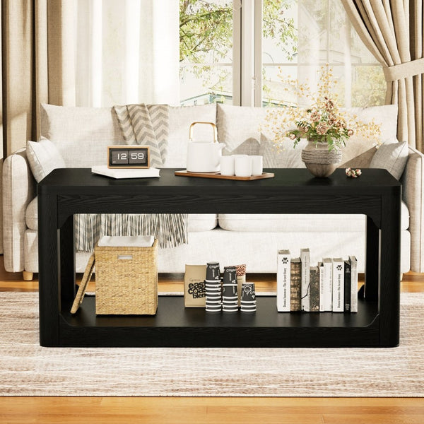 English Elm 3-piece Two-tier Shelving Coffee and Side Table Set for Modern Living Spaces Black W1162P491981