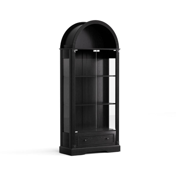English Elm 70.9Tall Arched Farmhouse Display Cabinet with LED Lighting and Tempered Glass Doors Black W1162P506908