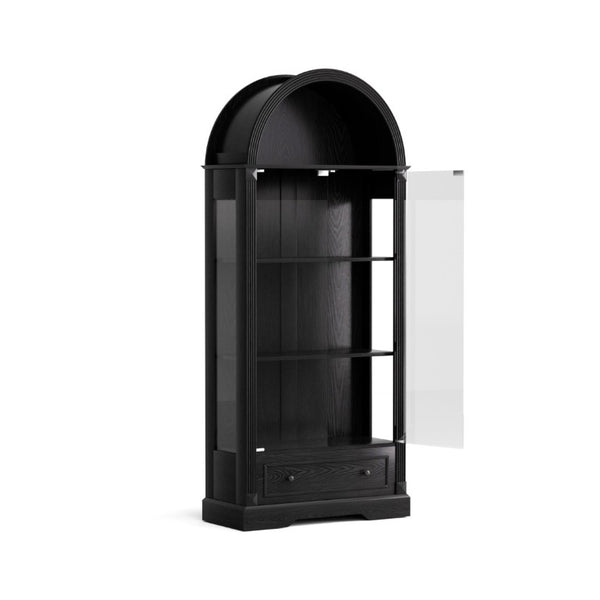 English Elm 70.9Tall Arched Farmhouse Display Cabinet with LED Lighting and Tempered Glass Doors Black W1162P506908