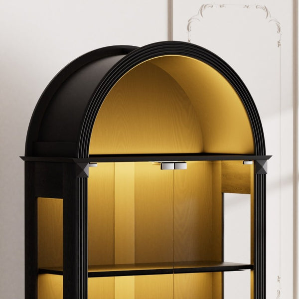 English Elm 70.9Tall Arched Farmhouse Display Cabinet with LED Lighting and Tempered Glass Doors Black W1162P506908