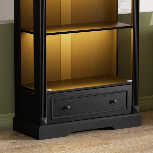 English Elm 70.9Tall Arched Farmhouse Display Cabinet with LED Lighting and Tempered Glass Doors Black W1162P506908
