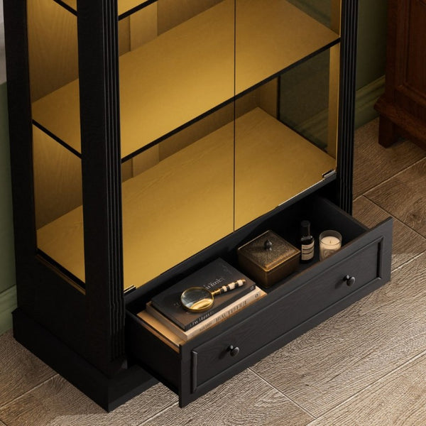English Elm 70.9Tall Arched Farmhouse Display Cabinet with LED Lighting and Tempered Glass Doors Black W1162P506908