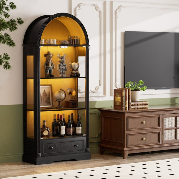 English Elm 70.9Tall Arched Farmhouse Display Cabinet with LED Lighting and Tempered Glass Doors Black W1162P506908