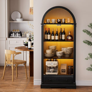 English Elm 70.9Tall Arched Farmhouse Display Cabinet with LED Lighting and Tempered Glass Doors Black W1162P506908