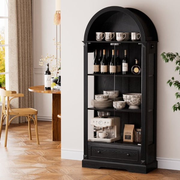 English Elm 70.9Tall Arched Farmhouse Display Cabinet with LED Lighting and Tempered Glass Doors Black W1162P506908