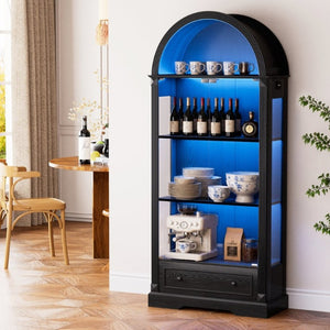 English Elm 70.9Tall Arched Farmhouse Display Cabinet with LED Lighting and Tempered Glass Doors Black W1162P506908