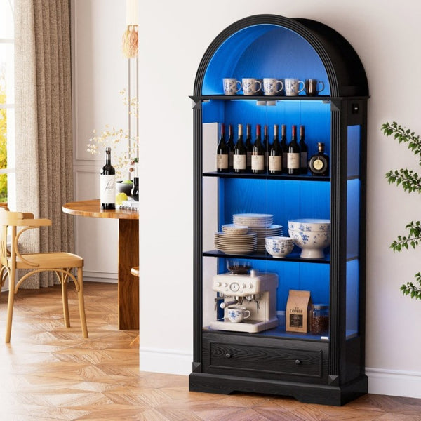English Elm 70.9Tall Arched Farmhouse Display Cabinet with LED Lighting and Tempered Glass Doors Black W1162P506908