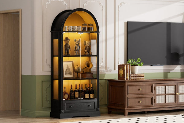 English Elm 70.9Tall Arched Farmhouse Display Cabinet with LED Lighting and Tempered Glass Doors Black W1162P506908