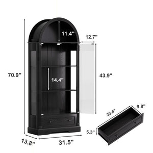 English Elm 70.9Tall Arched Farmhouse Display Cabinet with LED Lighting and Tempered Glass Doors Black W1162P506908
