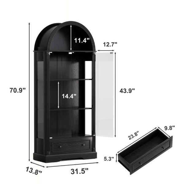 English Elm 70.9Tall Arched Farmhouse Display Cabinet with LED Lighting and Tempered Glass Doors Black W1162P506908