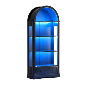 English Elm 70.9Tall Arched Farmhouse Display Cabinet with LED Lighting and Tempered Glass Doors Black W1162P506908