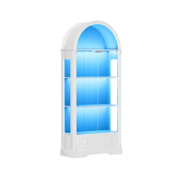 English Elm 70.9Tall Arched Farmhouse Display Cabinet with LED Lighting and Tempered Glass Doors White W1162P506909