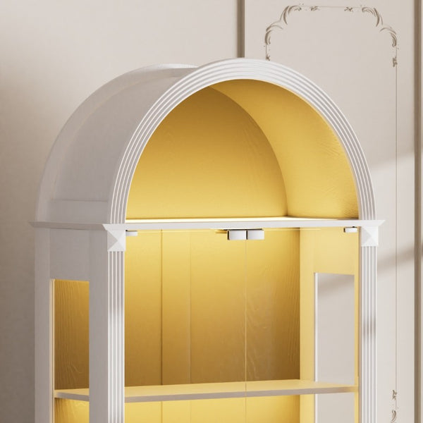 English Elm 70.9Tall Arched Farmhouse Display Cabinet with LED Lighting and Tempered Glass Doors White W1162P506909