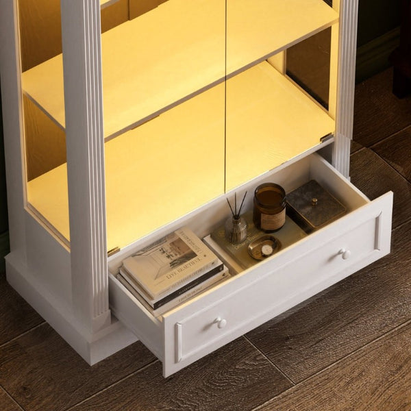 English Elm 70.9Tall Arched Farmhouse Display Cabinet with LED Lighting and Tempered Glass Doors White W1162P506909