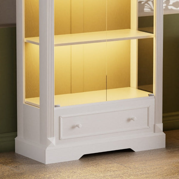 English Elm 70.9Tall Arched Farmhouse Display Cabinet with LED Lighting and Tempered Glass Doors White W1162P506909