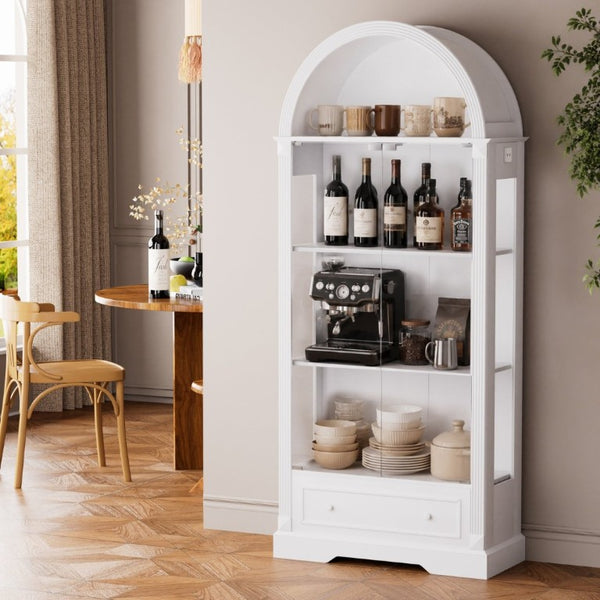 English Elm 70.9Tall Arched Farmhouse Display Cabinet with LED Lighting and Tempered Glass Doors White W1162P506909