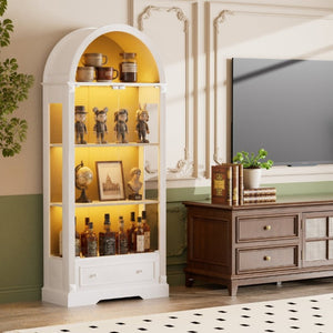 English Elm 70.9Tall Arched Farmhouse Display Cabinet with LED Lighting and Tempered Glass Doors White W1162P506909