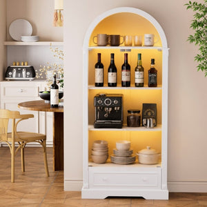 English Elm 70.9Tall Arched Farmhouse Display Cabinet with LED Lighting and Tempered Glass Doors White W1162P506909