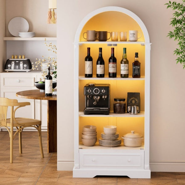 English Elm 70.9Tall Arched Farmhouse Display Cabinet with LED Lighting and Tempered Glass Doors White W1162P506909