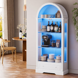 English Elm 70.9Tall Arched Farmhouse Display Cabinet with LED Lighting and Tempered Glass Doors White W1162P506909