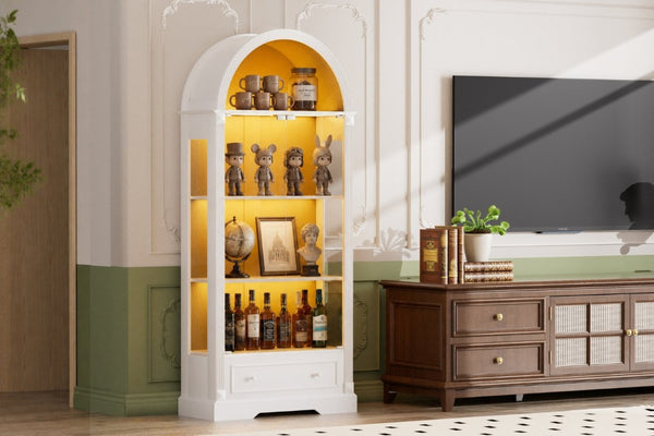 English Elm 70.9Tall Arched Farmhouse Display Cabinet with LED Lighting and Tempered Glass Doors White W1162P506909