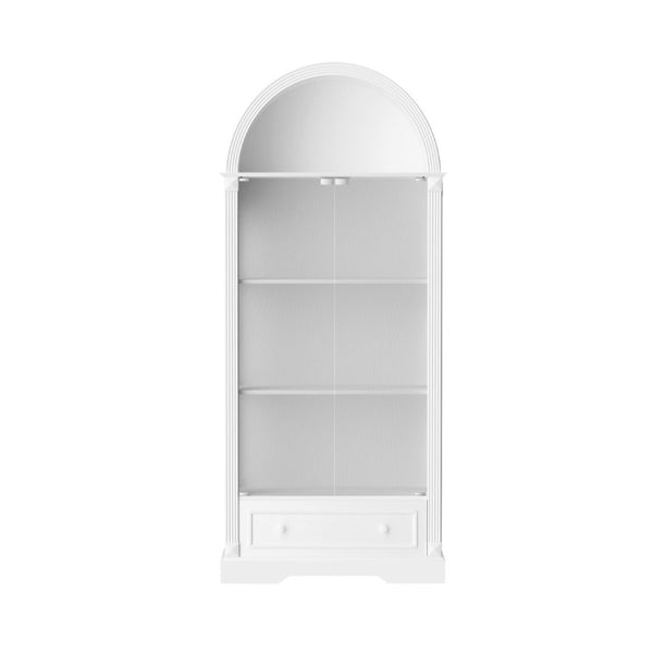 English Elm 70.9Tall Arched Farmhouse Display Cabinet with LED Lighting and Tempered Glass Doors White W1162P506909