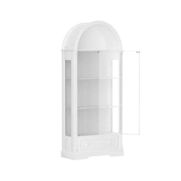 English Elm 70.9Tall Arched Farmhouse Display Cabinet with LED Lighting and Tempered Glass Doors White W1162P506909