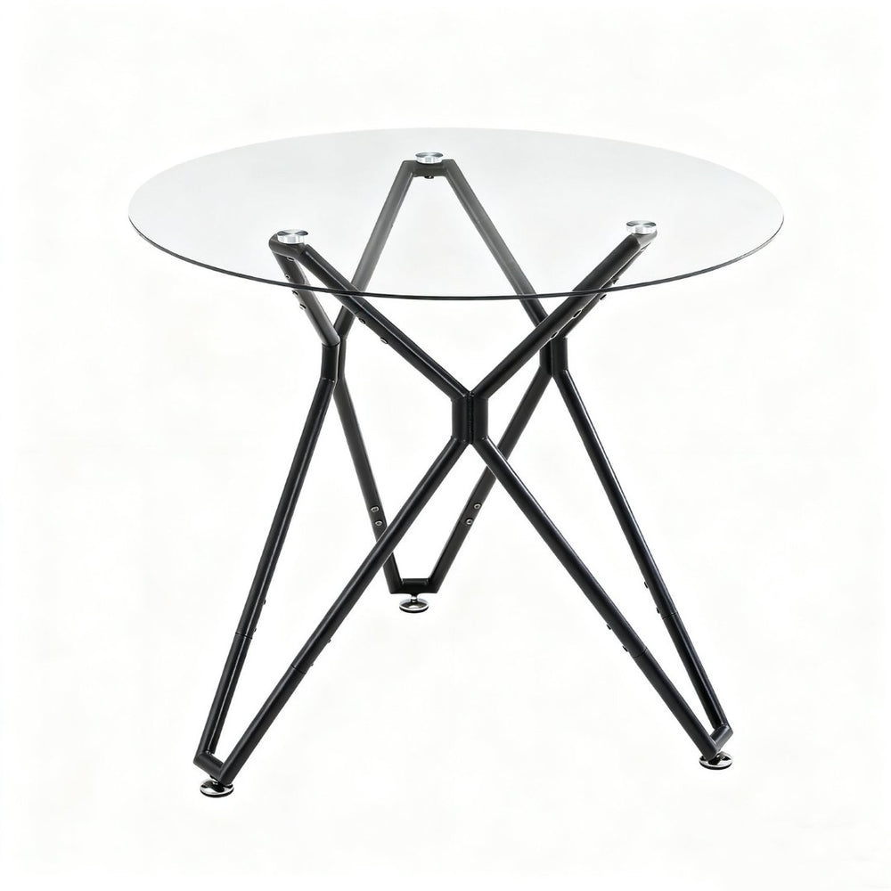 English Elm 35.4-inch Round Tempered Glass Dining Table Seats 4 with Slim Matte Black Metal Legs W1162P507250